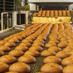 Freshly baked products on the baking line